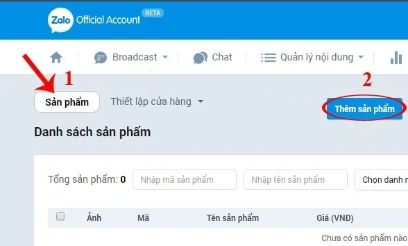 Tạo mục sản phẩm trên gian hàng zalo shop