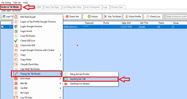 chọn mục "seeding bài viết"