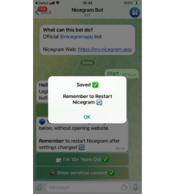 Bước 5: Mở phần mềm Telegram trên Safari và tick xanh vào 2 dòng phía dưới