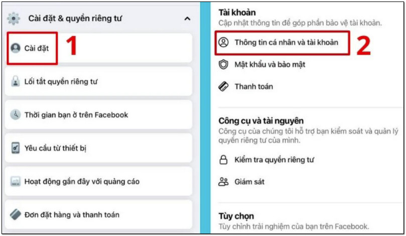 Click vào thông tin cá nhân và tài khoản