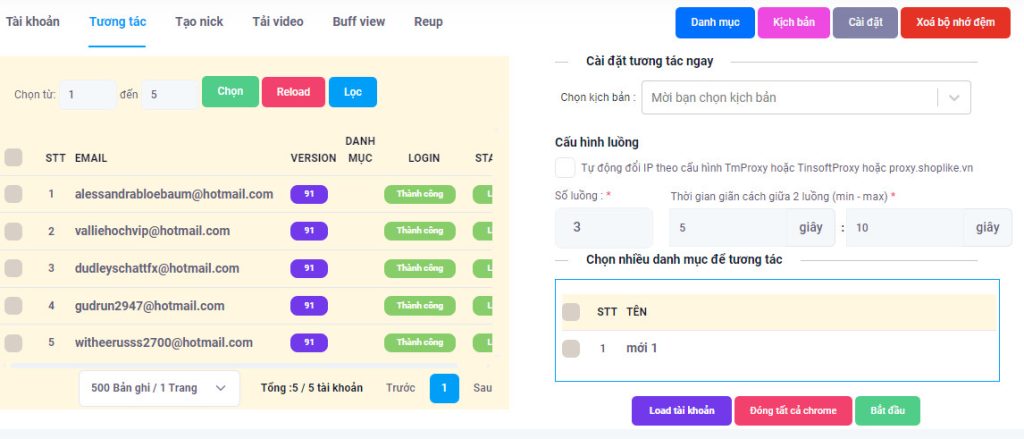 Tính năng tương tác ngay của tool Ninja tiktok chrome 