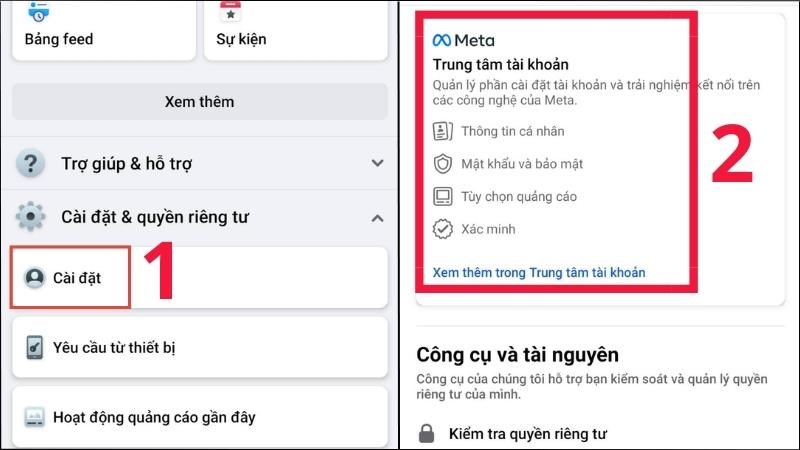 tìm và chọn mục “Trung tâm tài khoản”